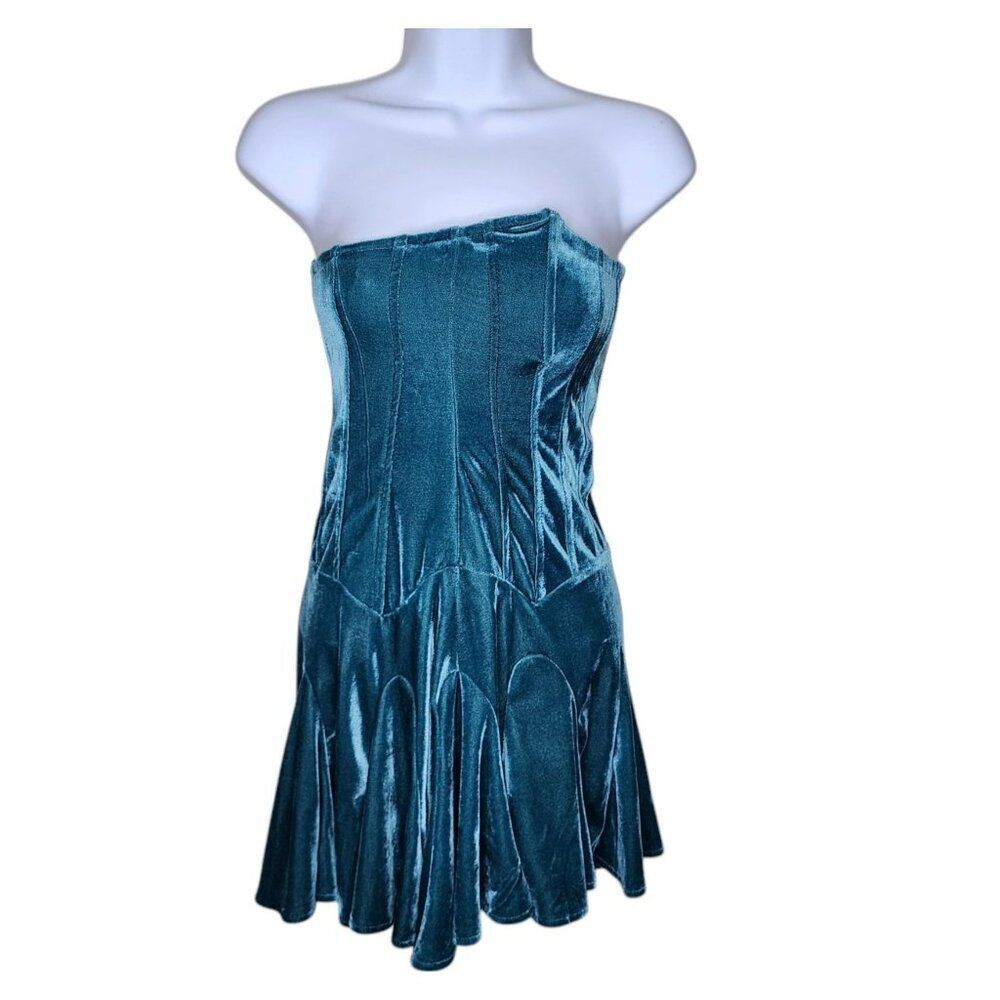 Urban Outfitters Mini Dress Fairy Antoinette Velvet Bustier Womens XS Teal Blue